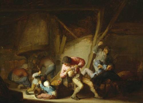 Адриан Янс ван Остаде, «Интерьер с пьющими крестьянами и дерущимися детьми», 1634 г