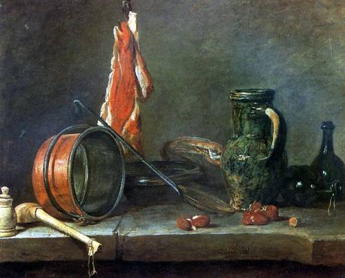 Жан Батист Симеон Шарден, «Скудная диета», натюрморт с мясом и кухонной посудой, 1731 г.