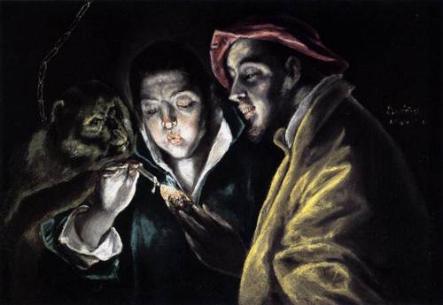 Эль Греко, «Мальчик зажигает свечу в компании обезьяны и дурака», 1590 г.