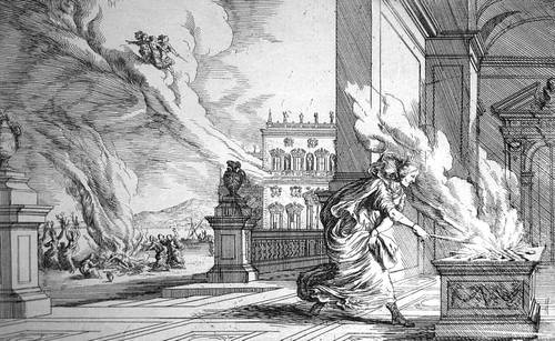 Ян Вильгельм Баур, «Алтея, мать Мелеагра, бросающая на костер полено, в котором сгорит его жизнь», 1659 г.