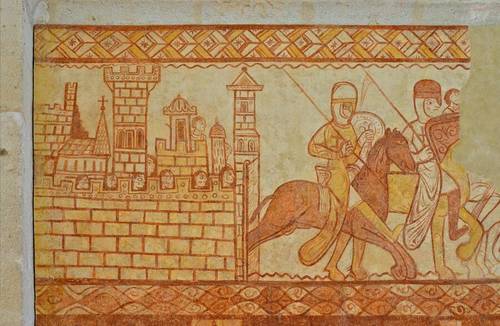 Рыцари-тамплиеры, возвращающиеся с битвы при Аль-Букайе (1163). Фреска из Часовни тамплиеров в Крессак-Сен-Жени (Пуату-Шаранта). XII в.