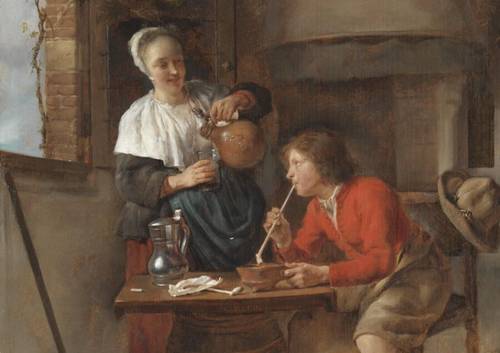 Габриель Метсю, «Юноша с трубкой и женщина, наливающая пиво», фрагмент, 1658 г.