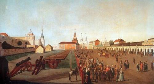 Здание Московского университета (в центре) у Воскресенских ворот на Красной площади, 1780-е гг..
