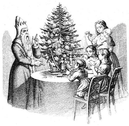 Дети и Санта Клаус у «дерева Клауса» (нем. Klausbaum). Гравюра из немецкой книги «50 басен с картинками для детей»