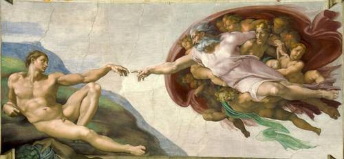 Фрагмент потолка Сикстинской капеллы, фреска «Сотворение Адама» работы Микеланджело