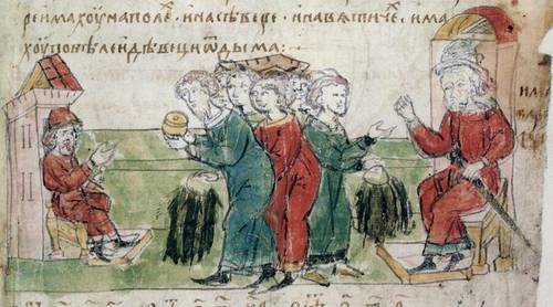 Миниатюра из Радзивилловской летописи, XV в. Славяне платят дань хазарам