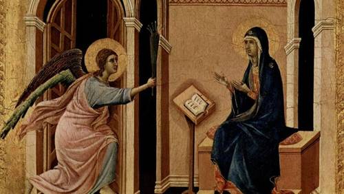 Дуччо ди Буонинсенья, «Архангел Гавриил приносит Деве Марии весть о предстоящей кончине» (фрагмент), 1308-1311 гг.