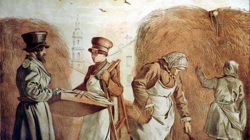 Извозчик, лоточник, баба с метлой. И. С. Щедровский, литографии середины XIX в