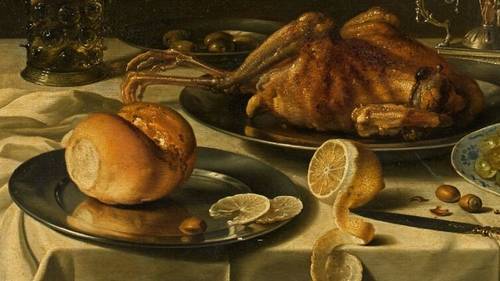 Питер Клас, «Натюрморт с жареным цыпленком, фруктами, солью и кувшином» (фрагмент), 1627 г.