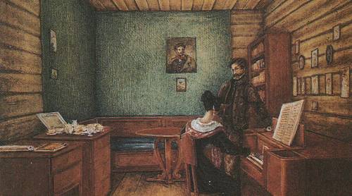 С. Г. Волконский с женой в камере в Петровской тюрьме. Рисунок Н. А. Бестужева, 1830 г.