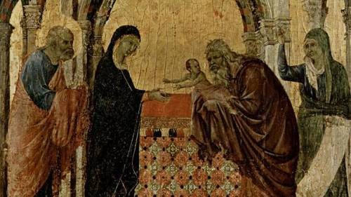 Дуччо ди Буонинсенья, «Сретение» фрагмент «La Maestà del Duomo di Siena», 1308—1311 гг.