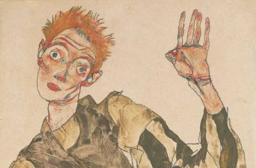 Эгон Шиле, «Автопортрет с полосатыми нарукавниками» (фрагмент), 1915 г.