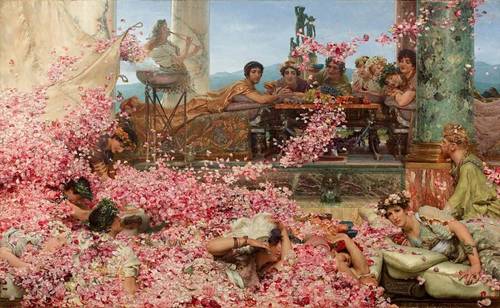 «Розы Гелиогабала». Картина о том, что на пиру у императора Элагабала лепестки роз рассыпались в таком количестве, что часть гостей задыхалась, не в силах выбраться из-под завалов. Лоуренс Альма-Тадема, 1888 г.