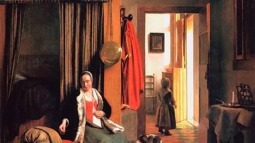 У колыбели: женщина шнурует корсет, 1659,  92 x 100 cm,