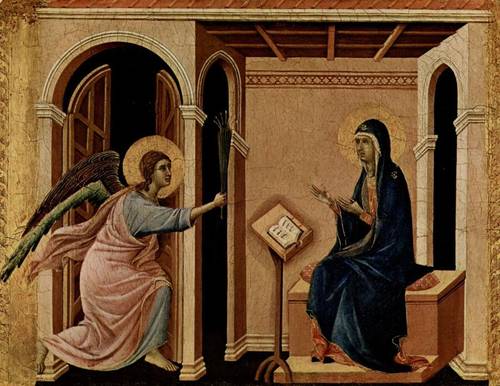 Дуччо ди Буонинсенья, «Архангел Гавриил приносит Деве Марии весть о предстоящей кончине», 1308—1311 гг.