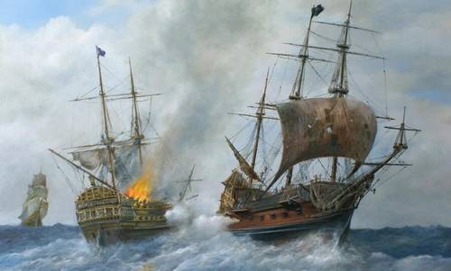 С. В. Дорофеев, «Пиратский галеон «Месть королевы Анны» атакует английский военный фрегат» (фрагмент), 2019 г.