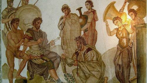 Античная мозаика на которой Хрис умоляет Агамемнона освободить его дочь