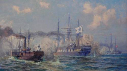 Александр Кирхер, ««Сьелланд» (справа) вступает в бой с гребным пароходом «Лорелей» и корветом «Нимфа»»