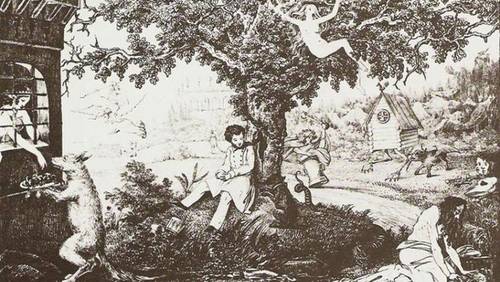 Пушкин у Лукоморья с героями сказок (в правом нижнем углу «чахнет» вполне упитанный Кощей)