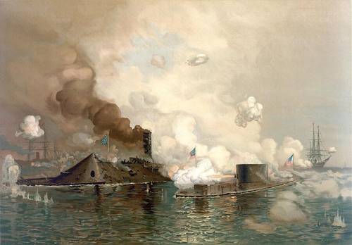 Рисунок с изображением первой в истории битвы между броненосными кораблями - «Монитором» и «Вирджинией» во время Гражданской войны в США