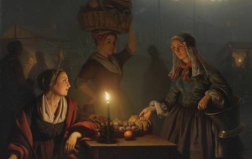 Петрус ван Шендель, «Покупка овощей и фруктов на ночном рынке» (фрагмент), 1867 г.