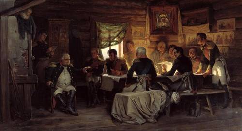 Картина Алексея Кившенко (Барклай-де-Толли сидит под иконой), «Военный совет в Филях», 1880 г.