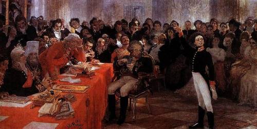 И. Е. Репин, «А. С. Пушкин на акте в Лицее 8 января 1815 года читает свою поэму «Воспоминания в Царском селе»», 1911 г.