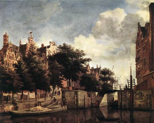 Ян ван дер Хейден, «Канал и улица Мартелаарсграхт в Амстердаме», 1670, 44х57 см, Рейксмусеум, Амстердам, Нидерланды