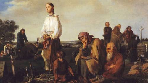 А. И. Корзухин, «Поминки на деревенском кладбище», 1865 г.