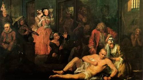 Уильям Хогарт, «Карьера мота. Сумасшедший дом», 1733 г.