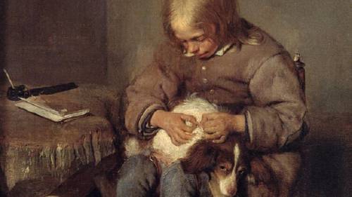 Герард Терборх (тер Борх), «Мальчик ищет блох у своей собаки (Ловец блох)» (фрагмент), 1655 г.